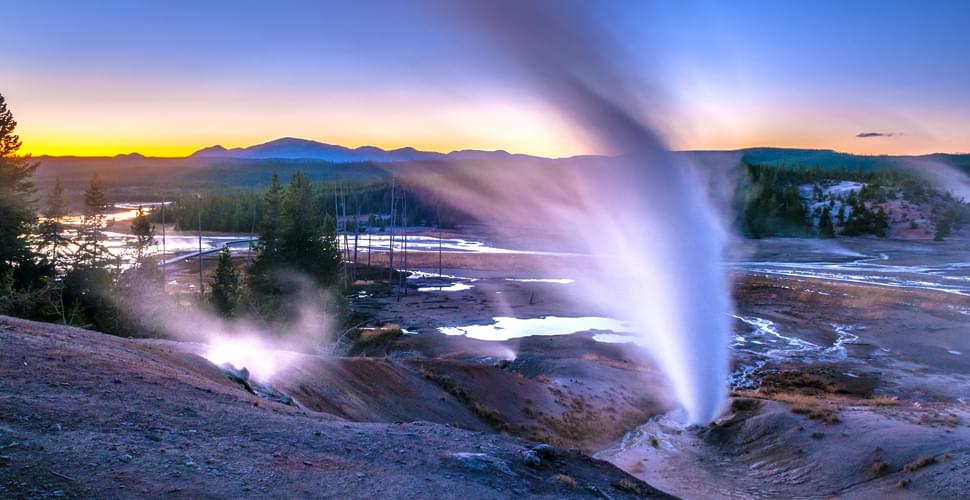 thermal features in yellowstone at dusk
