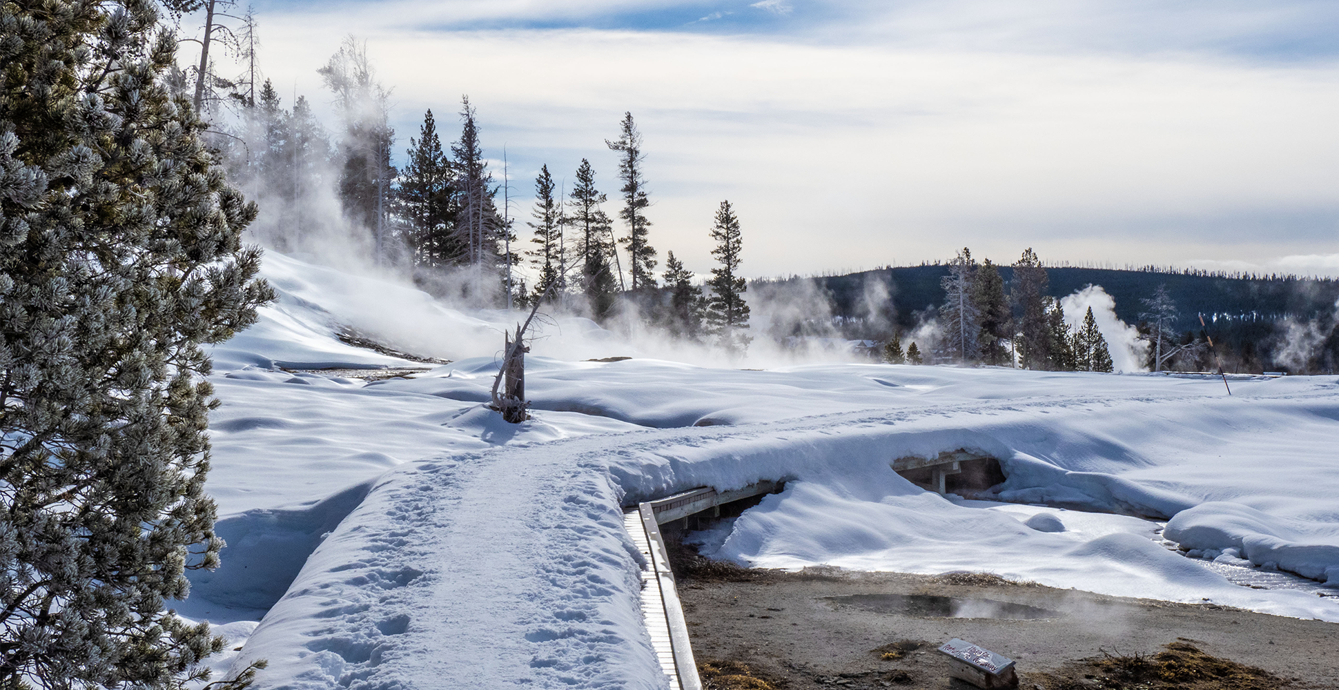 A wintry boardwalk in Yellowstone