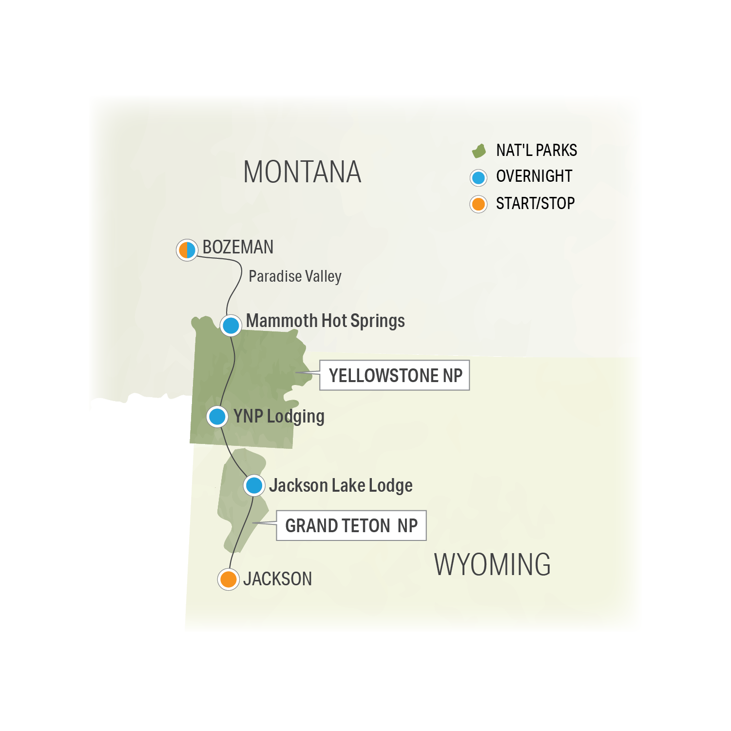 Essence of Yellowstone and Grand Teton - Trip Map